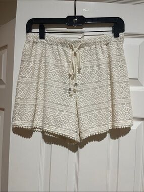 Women's Cream Embroidered Drawstring Shorts